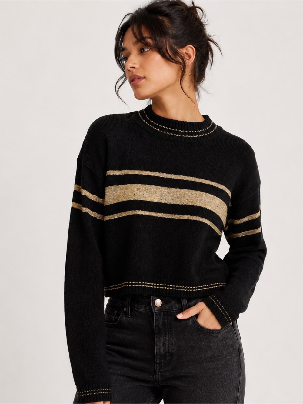 Show Me Your Mumu Black Gold Lurex Stripe Cropped Sweater Medium